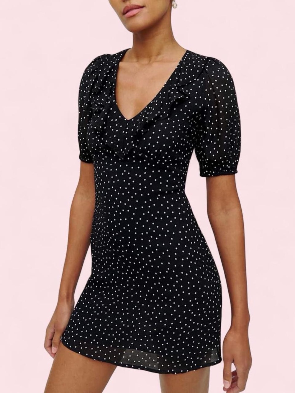 Reformation Black with White Polka Dot Ruffle V-Neck Mini Dress
